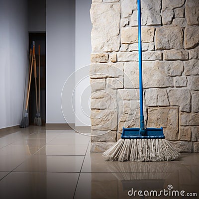 Wall companion Mop casually leans against the quiet wall Stock Photo