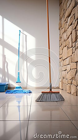 Wall companion Mop casually leans against the quiet wall Stock Photo