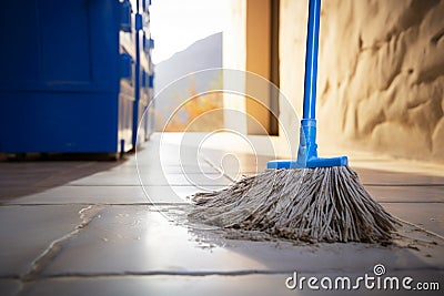 Wall connection Mop takes a break, casually leaning against it Stock Photo