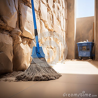 Wall connection Mop takes a break, casually leaning against it Stock Photo