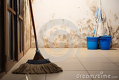 Wall connection Mop takes a break, casually leaning against it Stock Photo