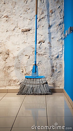 Wall connection Mop takes a break, casually leaning against it Stock Photo