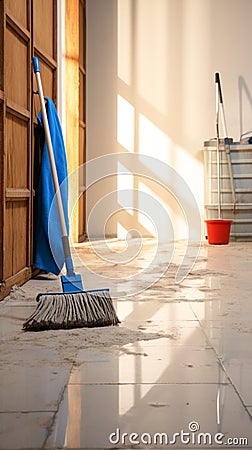 Wall connection Mop takes a break, casually leaning against it Stock Photo