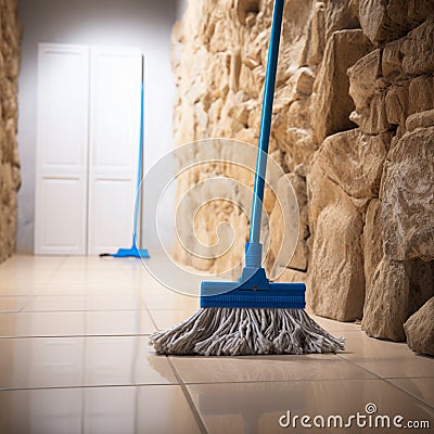 Wall connection Mop takes a break, casually leaning against it Stock Photo
