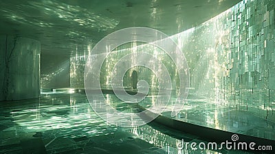 A wall covered in small circular mirrors creating a distorted and fragmented reflection of the room Stock Photo