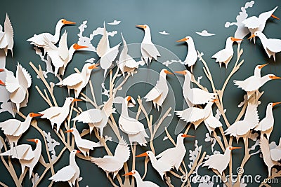 a wall decorated with paper cutouts of storks and babies Stock Photo