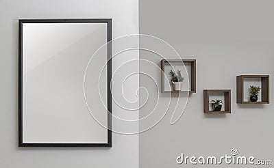 Wall decoration - black wooden frame and wall shelves Stock Photo