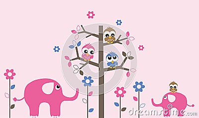 Wall decoration owls elephants Vector Illustration