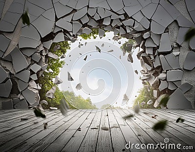 Wall exploding, with a central free area for any object or background. Generated with AI Stock Photo