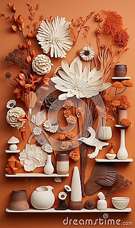 a wall filled with different types of flowers and shelves Stock Photo