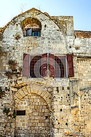 Wall and fragment Of the Church of the virgin of Burgas. Medieval ruins of the 14th century. Rhodes, Greece Stock Photo