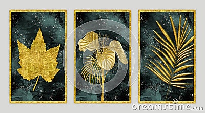 Wall frame home decor. 3d golden tree leaves in modern painting background. Stock Photo