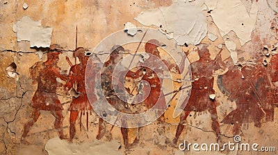 Wall fresco with Ancient warriors in battle, Greek and Roman art, artifact of past civilization. Old vintage damaged painting with Stock Photo