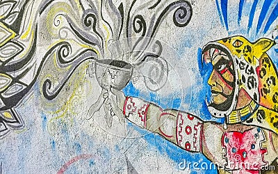 Wall with graffiti art drawings paintings human nature animal Mexico Editorial Stock Photo