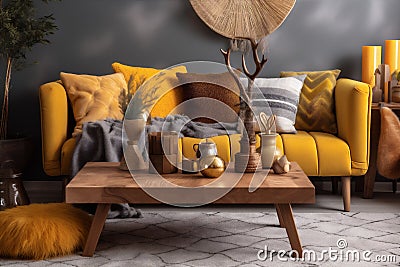 yellow cushion home house sofa modern grey pillow interior decor bright. Generative AI. Stock Photo