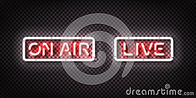 Vector set of realistic isolated neon sign of Live and On Air on the transparent backround. Concept of podcast and live streaming. Vector Illustration