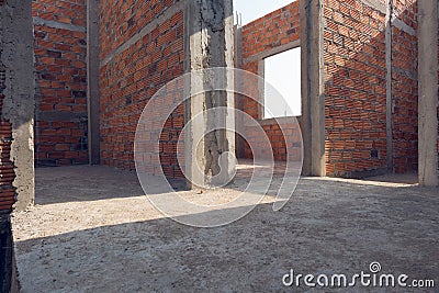 Wall made brick in residential building construction Stock Photo