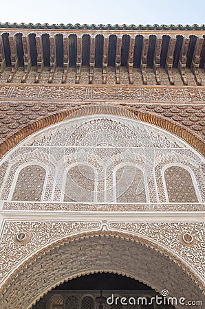 Wall of main courtyard in madrasa Ben Youssef Madrasa in Marrakesh, Morocco Stock Photo
