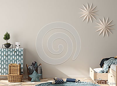 Wall mock up background in children room interior decorated for new year Stock Photo