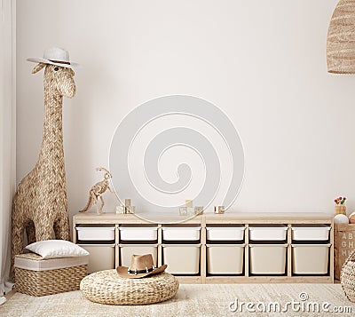 Wall mock up in children room with natural wooden furniture, Farmhouse style interior background Stock Photo