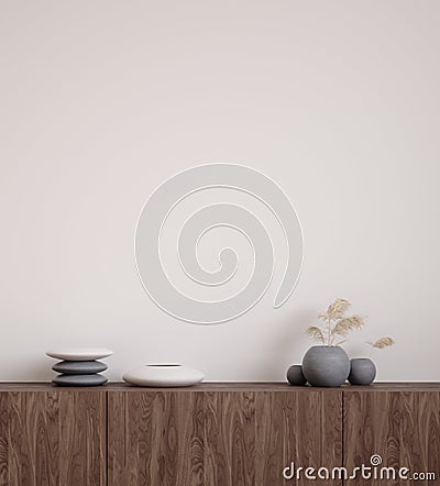 Wall mock up closeup with stones and grass in vase on cupboard Stock Photo