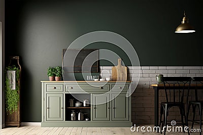 Wall mock up in kitchen interior background, Farmhouse style, 3d render, copy space, Stock Photo