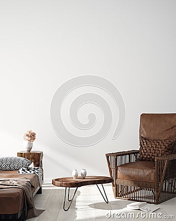 Wall mock up in Scandi-boho home interior with retro brown leather furniture Stock Photo