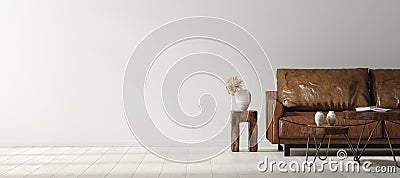 Wall mock up in Scandi-boho home interior with retro brown leather furniture Stock Photo