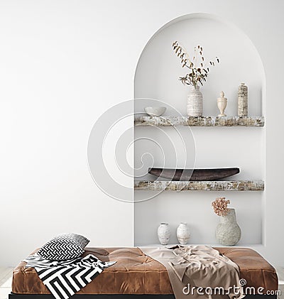 Wall mock up in Scandi-boho home interior with retro brown leather furniture Stock Photo