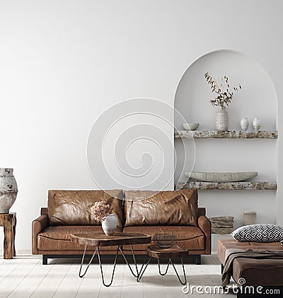 Wall mock up in Scandi-boho home interior with retro brown leather furniture Stock Photo