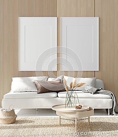 Wall mock up in white simple interior with wooden furniture, Scandi-Boho style Stock Photo