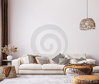 Wall mockup in bright living room design, white sofa in farmhouse boho interior style Stock Photo