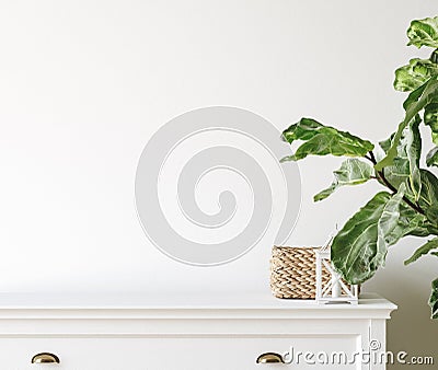 Wall mockup close up in Coastal living room interior with commode, plant and decor Stock Photo