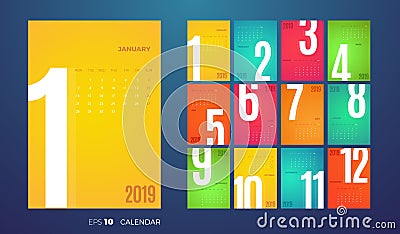 Wall Monthly Calendar 2019 year. Vector colorful template Vector Illustration