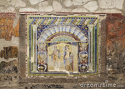 Wall mosaic of Neptune and Amphitrite in Ercolano (Herculaneum), Italy. Editorial Stock Photo