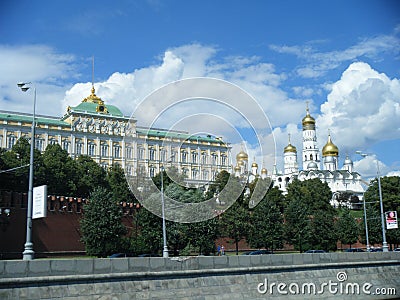 The wall of the Moscow Kremlin, the government building and the temple of Christ the Savior. Editorial Stock Photo