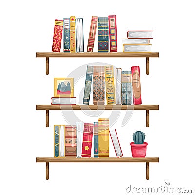 Wall-mounted bookshelves with books. Book spines in retro style Vector Illustration