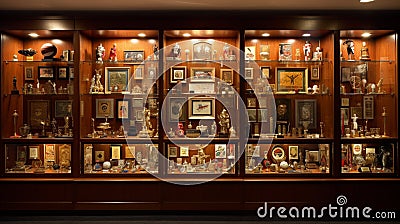 A wall-mounted trophy case featuring numerous accolades, statuettes, and plaques Stock Photo