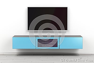 Wall mounted tv cabinet and big tv Stock Photo