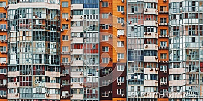 Wall Of Multistory Residential Building With Many Windows, front view texture background Stock Photo