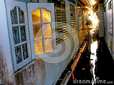 Wall of old white houses in fisherman`s village. Stock Photo