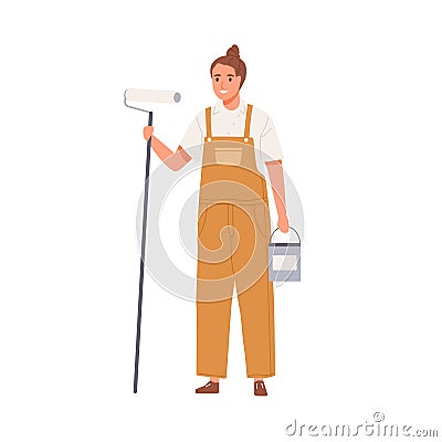 Wall painter standing with paint bucket and roller. Portrait of happy smiling female worker holding tools. Woman in Vector Illustration