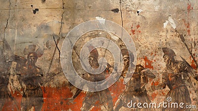 Wall painting with Ancient warriors, Greek and Roman art, artifact of past civilization. Old vintage damaged fresco with soldiers Stock Photo