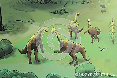 A wall painting of dinosaurs in Gondwana, the Prehistoric Museum in Germany Editorial Stock Photo