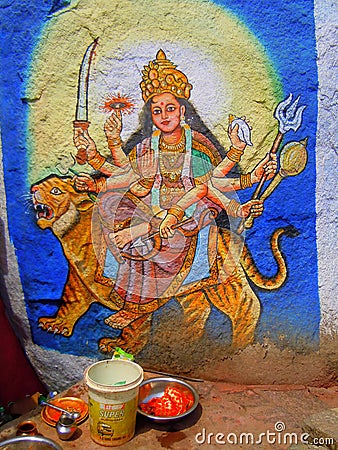 Wall painting of Hindu goddess Editorial Stock Photo