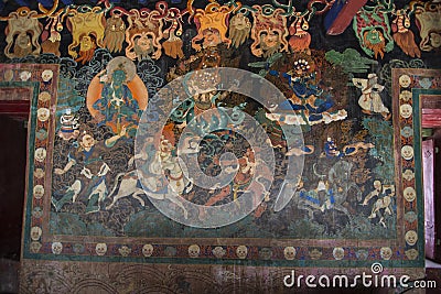 Protector deities of Tibetan Buddhist , the fresco , wall painting of Nechung Monastery , Lhasa , Tibet Stock Photo