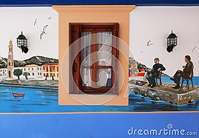 Wall Painting On The Wall Of A House In Symi, Greece Editorial Stock Photo