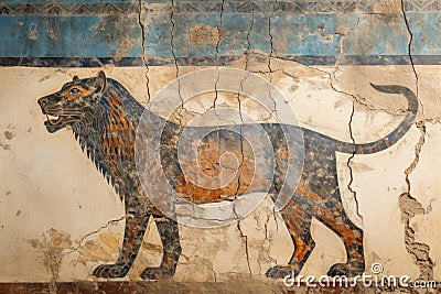 Wall painting of wild animal, cracked vintage Ancient fresco of lion or panther. Old artifact of Sumerian or Babylonian Stock Photo