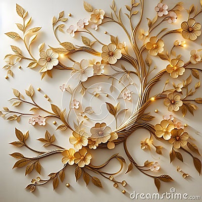 A wall panel floral cherry blossom golden ai generator Stock Photo