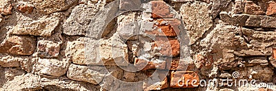 Wall panorama background. Old broken red brick wall with cement mortar Stock Photo